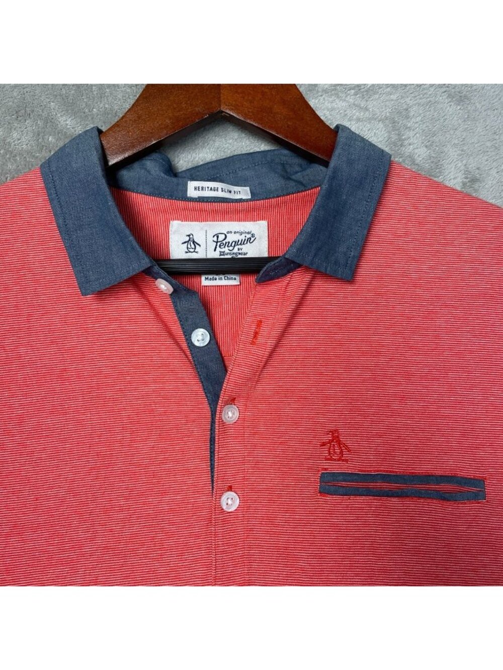 Original Penguin Men's L Heritage Slim Fit Polo Shirt Red With Contrast e1733